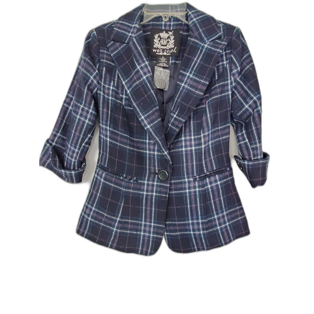Wet Seal Womens Blue Plaid 3/4 Sleeve Blazer XS New with Tags